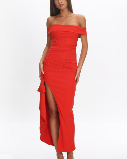 Red Off Shoulder Thigh Split Maxi Dress