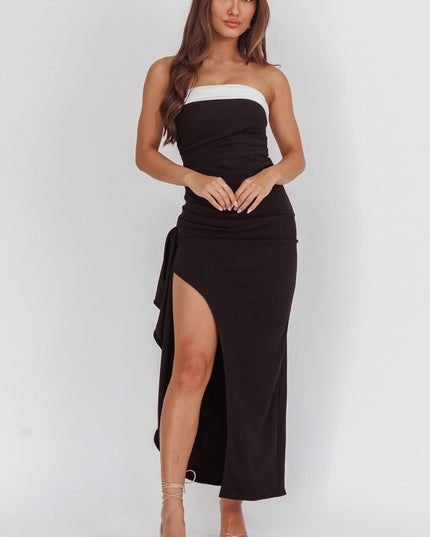 Black Strapless Thigh Split Dress Contrast
