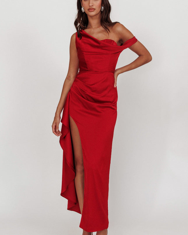 Red Off Shoulder Satin Maxi Dress