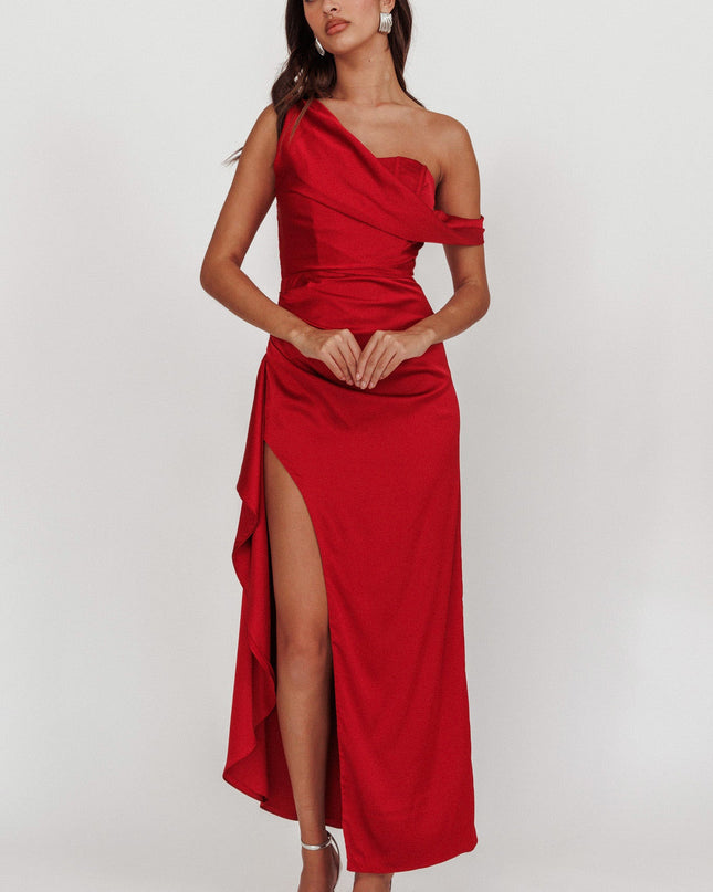 Red Off Shoulder Satin Maxi Dress