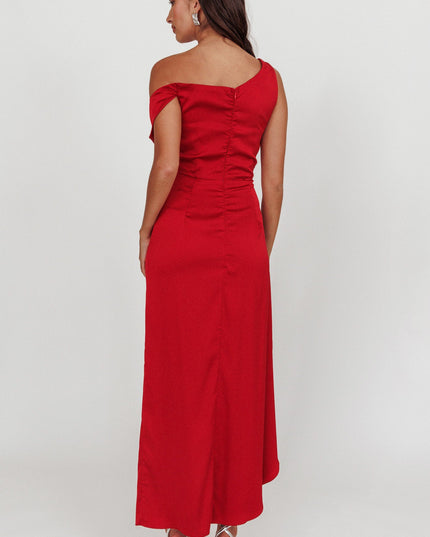 Red Off Shoulder Satin Maxi Dress