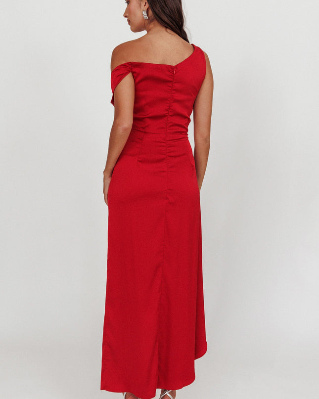Red Off Shoulder Satin Maxi Dress