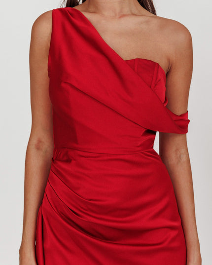 Red Off Shoulder Satin Maxi Dress
