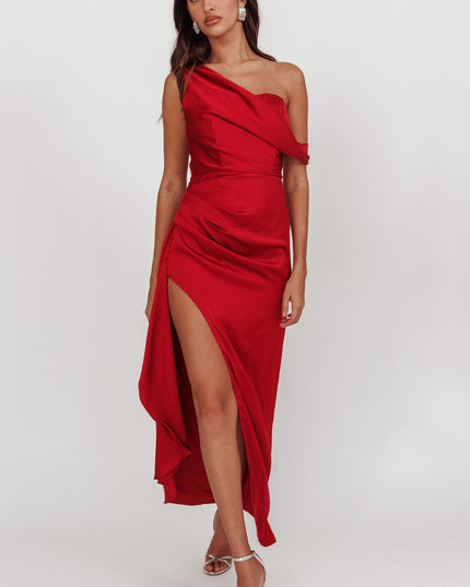 Red Off Shoulder Satin Maxi Dress