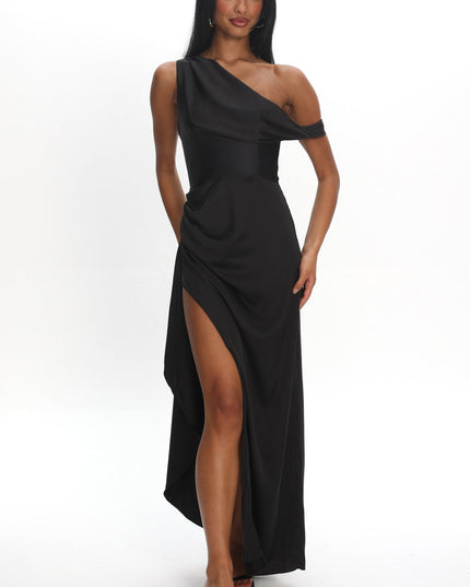 Black Off Shoulder Satin Maxi Dress