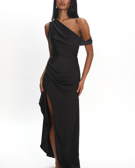 Black Off Shoulder Satin Maxi Dress