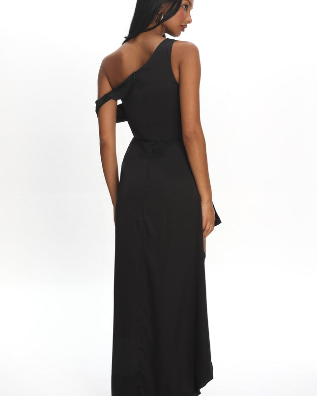 Black Off Shoulder Satin Maxi Dress