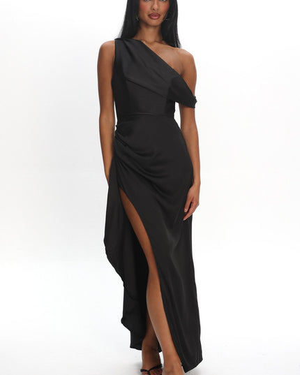 Black Off Shoulder Satin Maxi Dress
