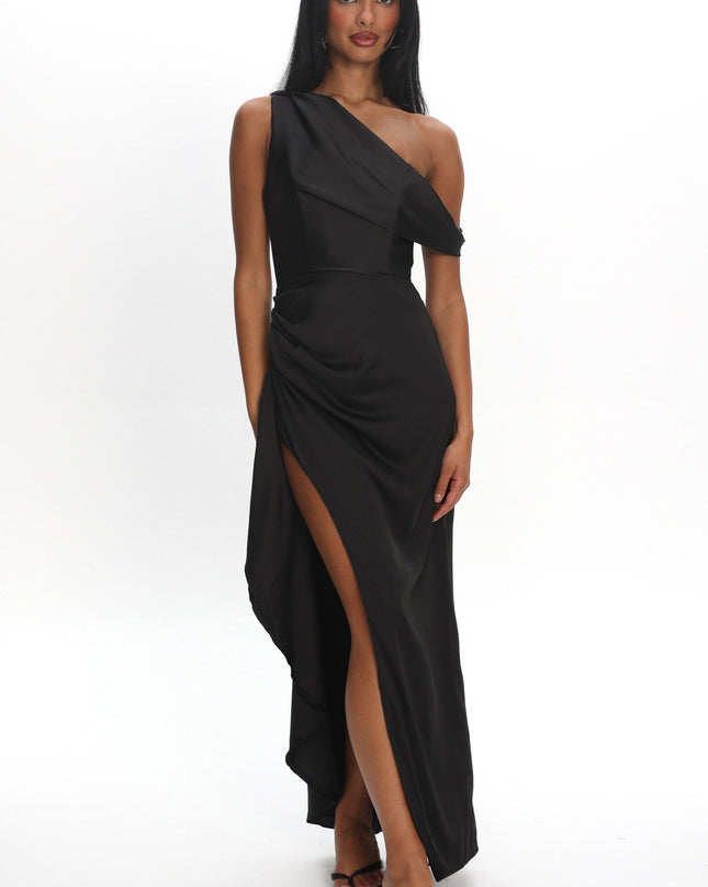 Black Off Shoulder Satin Maxi Dress