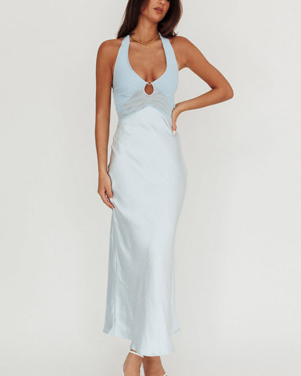 Baby Blue Mesh Bodice Halter Maxi Dress