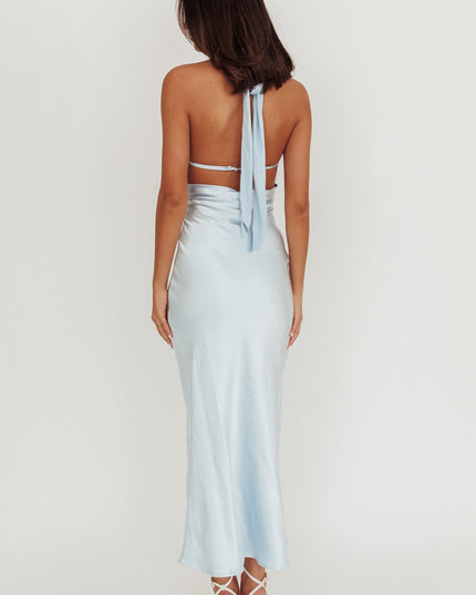 Baby Blue Mesh Bodice Halter Maxi Dress