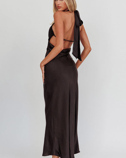 Black Mesh Bodice Halter Maxi Dress