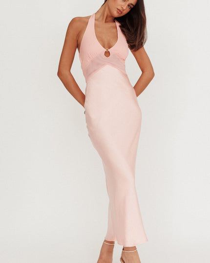 Peach Mesh Bodice Halter Maxi Dress