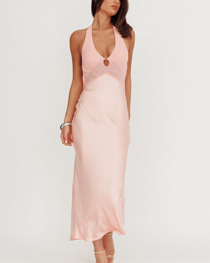 Peach Mesh Bodice Halter Maxi Dress
