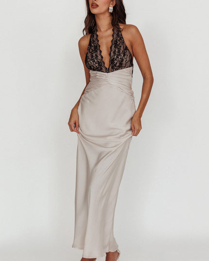 Champagne Satin Lace Halterneck Maxi Dress