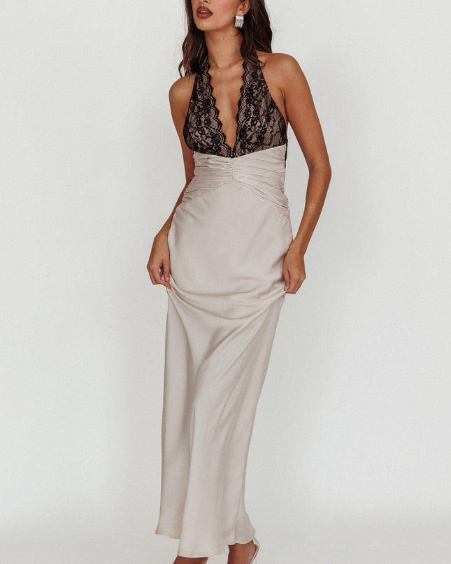 Champagne Satin Lace Halterneck Maxi Dress