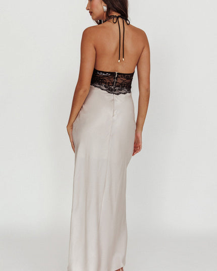 Champagne Satin Lace Halterneck Maxi Dress