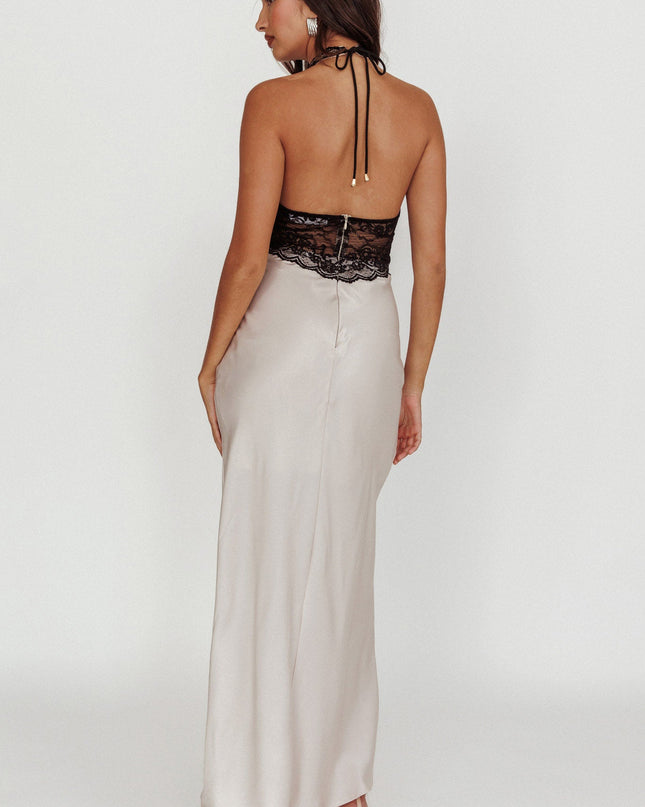 Champagne Satin Lace Halterneck Maxi Dress