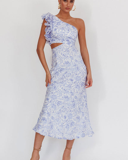 Blue One-Shoulder Ruffle Midi Dress Floral