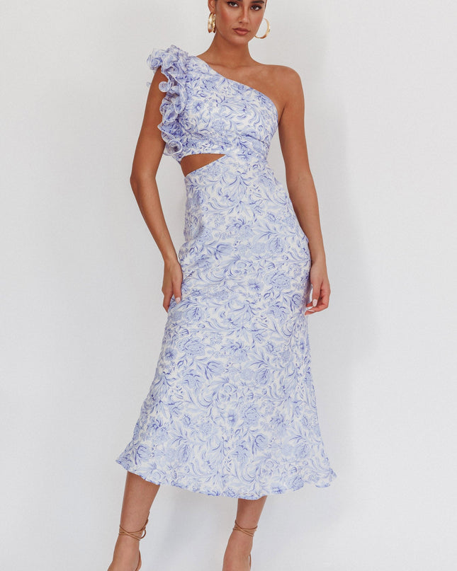Blue One-Shoulder Ruffle Midi Dress Floral