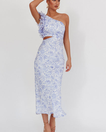 Blue One-Shoulder Ruffle Midi Dress Floral