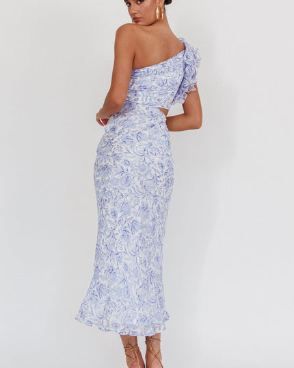 Blue One-Shoulder Ruffle Midi Dress Floral