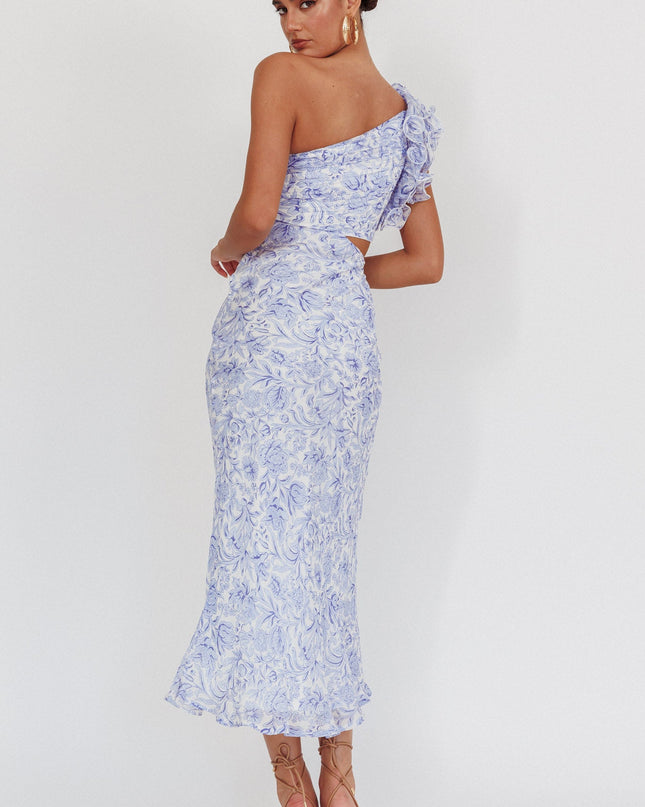 Blue One-Shoulder Ruffle Midi Dress Floral