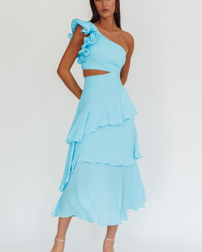 Blue One-Shoulder Tiered Maxi Dress