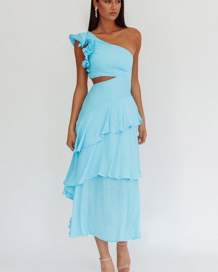 Blue One-Shoulder Tiered Maxi Dress
