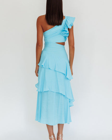 Blue One-Shoulder Tiered Maxi Dress