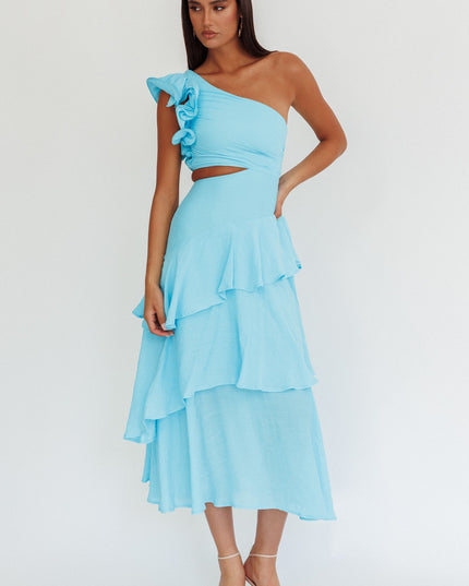 Blue One-Shoulder Tiered Maxi Dress