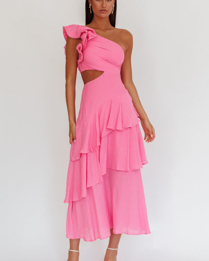 Pink One-Shoulder Tiered Maxi Dress