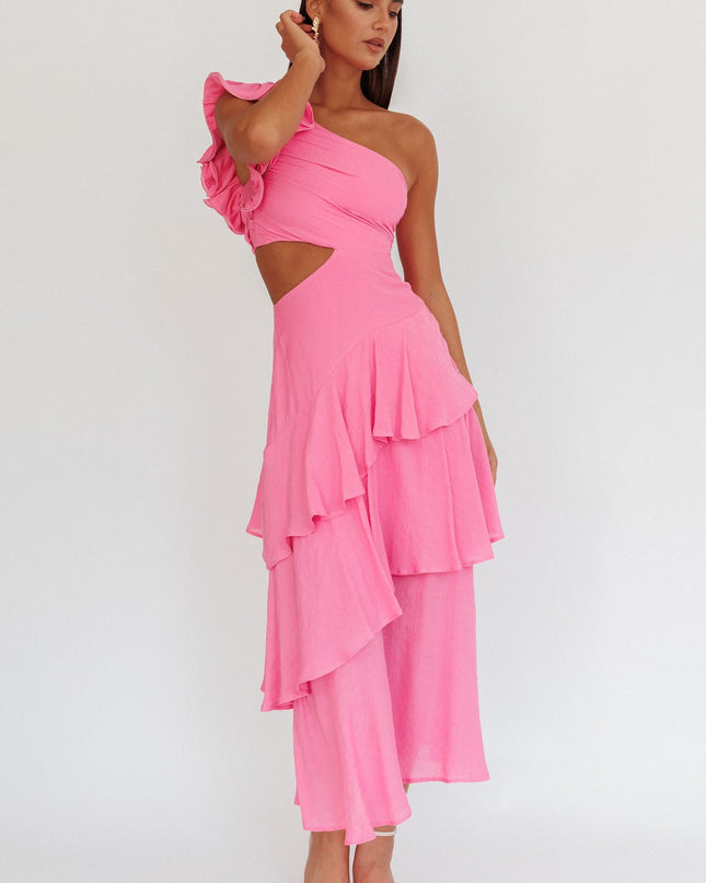 Pink One-Shoulder Tiered Maxi Dress
