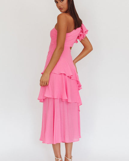 Pink One-Shoulder Tiered Maxi Dress