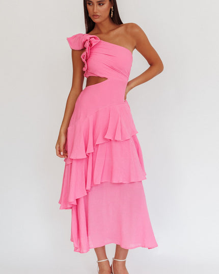 Pink One-Shoulder Tiered Maxi Dress