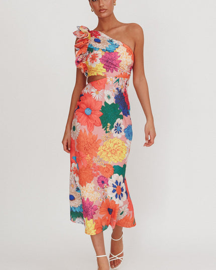 Orange One-Shoulder Ruffle Floral Maxi Dress