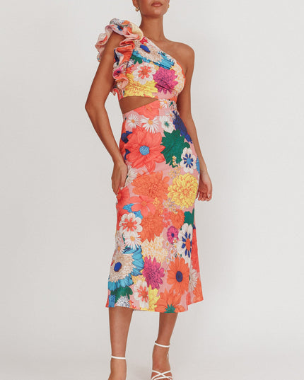 Orange One-Shoulder Ruffle Floral Maxi Dress