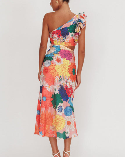 Orange One-Shoulder Ruffle Floral Maxi Dress