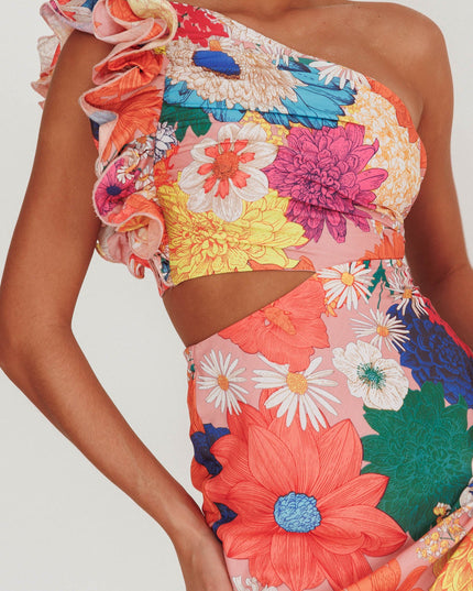 Orange One-Shoulder Ruffle Floral Maxi Dress