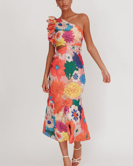 Orange One-Shoulder Ruffle Floral Maxi Dress