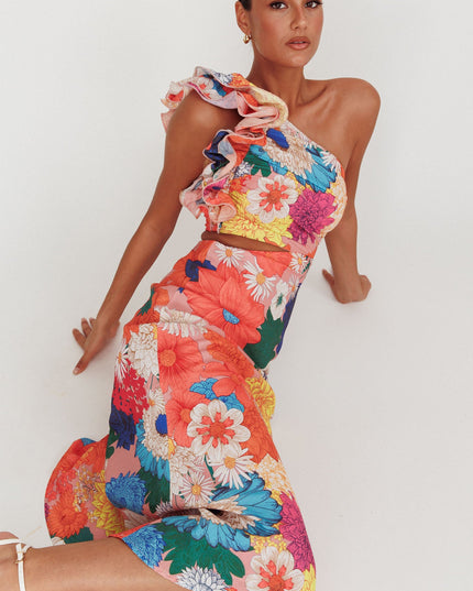 Orange One-Shoulder Ruffle Floral Maxi Dress