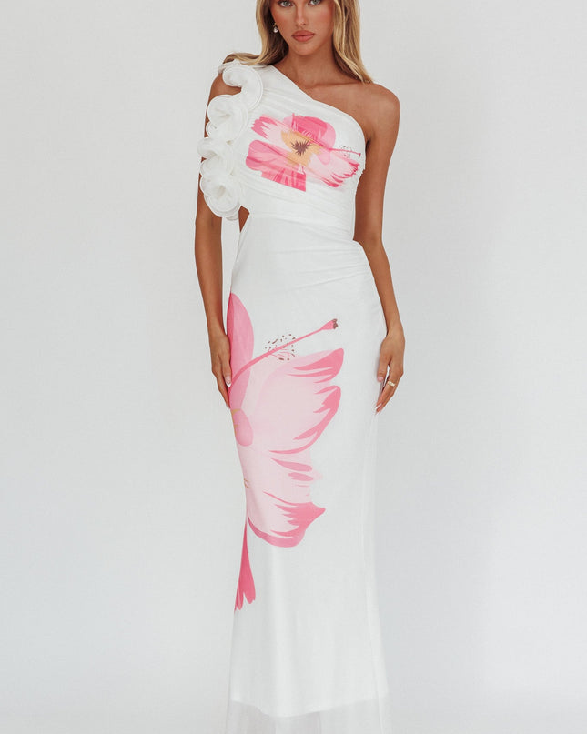 White One-Shoulder Ruffle Maxi Dress Hibiscus