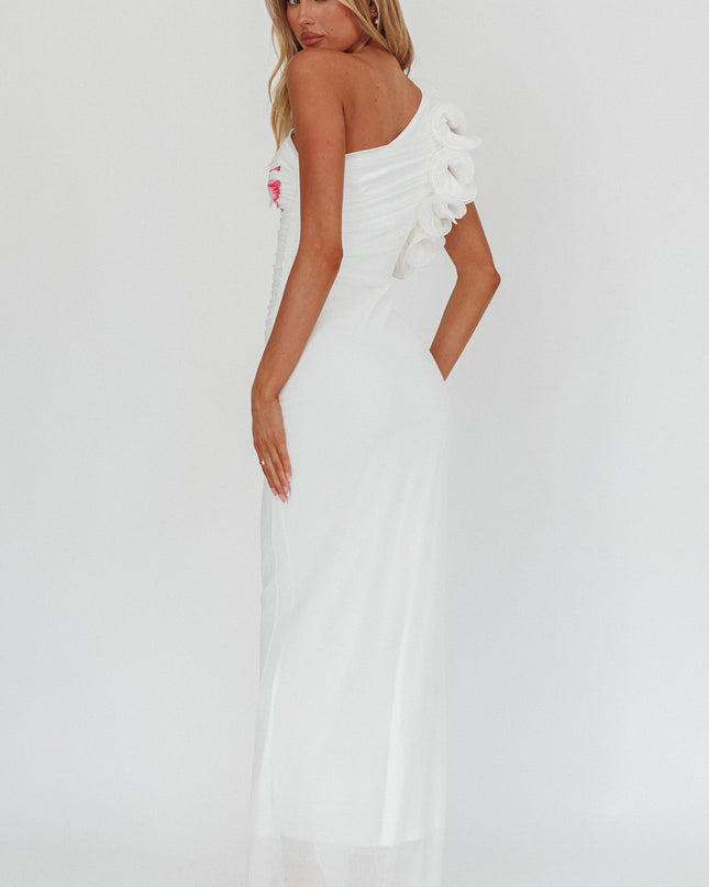 White One-Shoulder Ruffle Maxi Dress Hibiscus