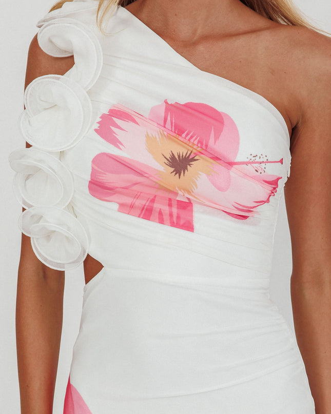 White One-Shoulder Ruffle Maxi Dress Hibiscus