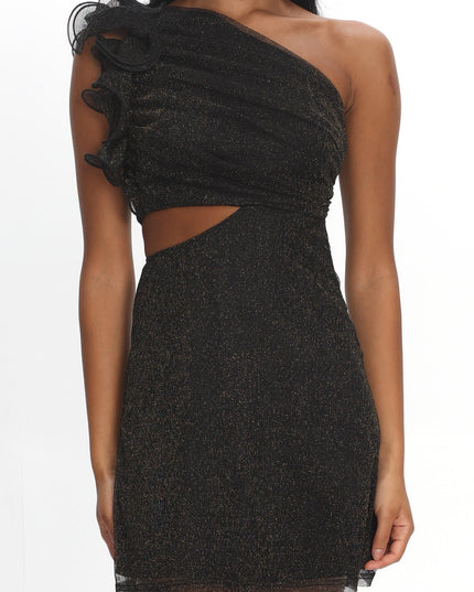 Black One-Shoulder Ruffle Mini Dress Glitter