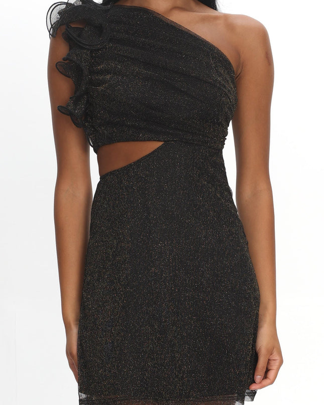 Black One-Shoulder Ruffle Mini Dress Glitter