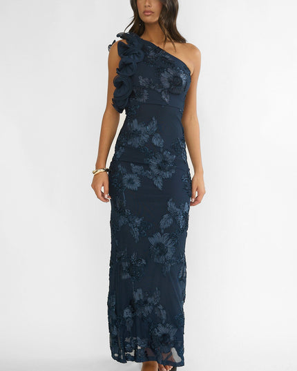 Navy One-Shoulder Ruffle Maxi Dress Floral