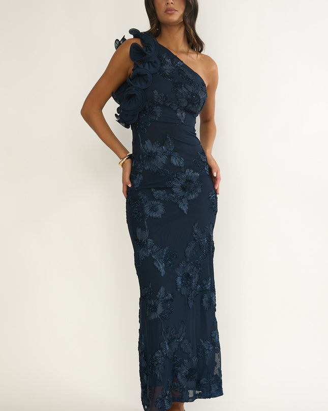 Navy One-Shoulder Ruffle Maxi Dress Floral