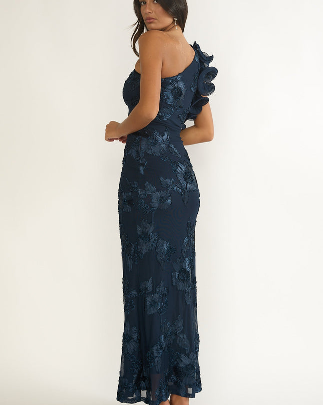 Navy One-Shoulder Ruffle Maxi Dress Floral