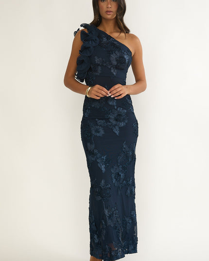 Navy One-Shoulder Ruffle Maxi Dress Floral